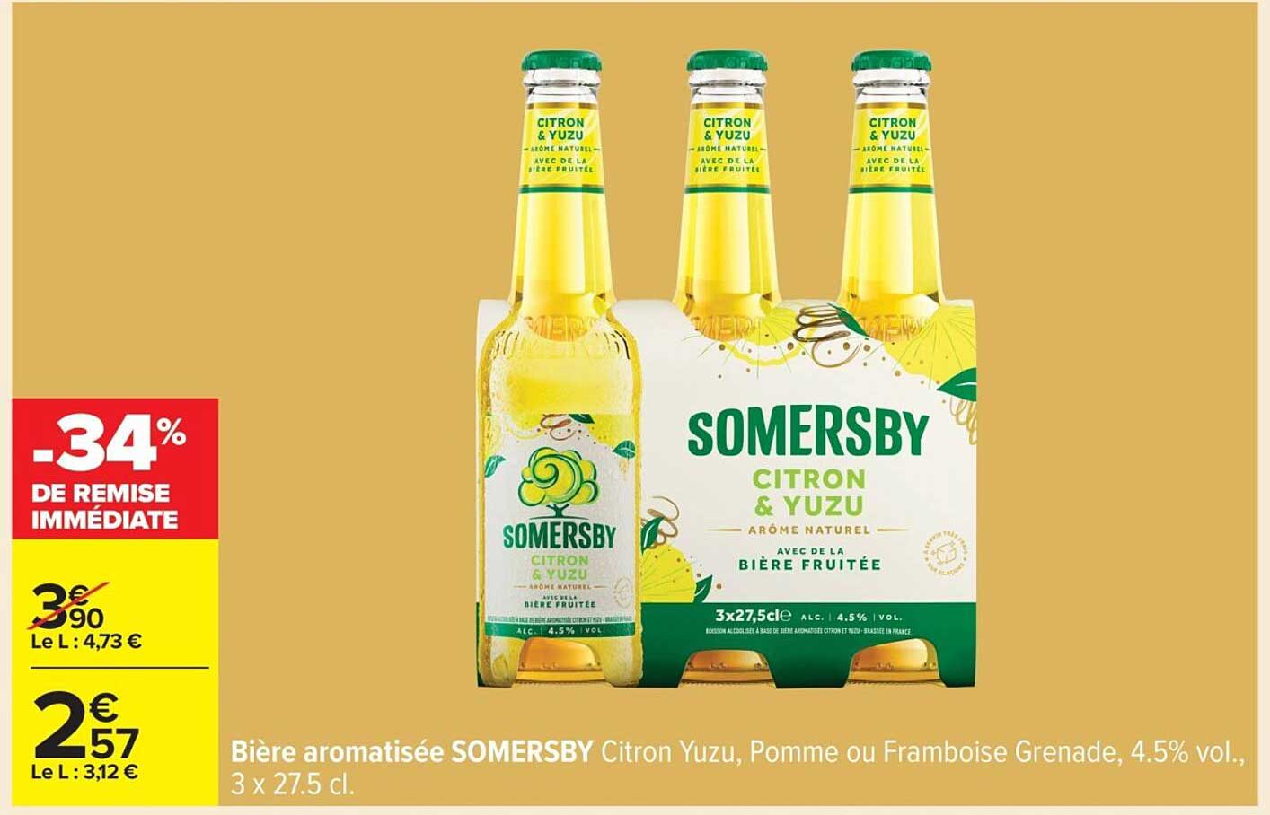 Bière aromatisée SOMERSBY Citron Yuzu, Pomme ou Framboise Grenade, 4.5% vol., 3 x 27.5 cl.