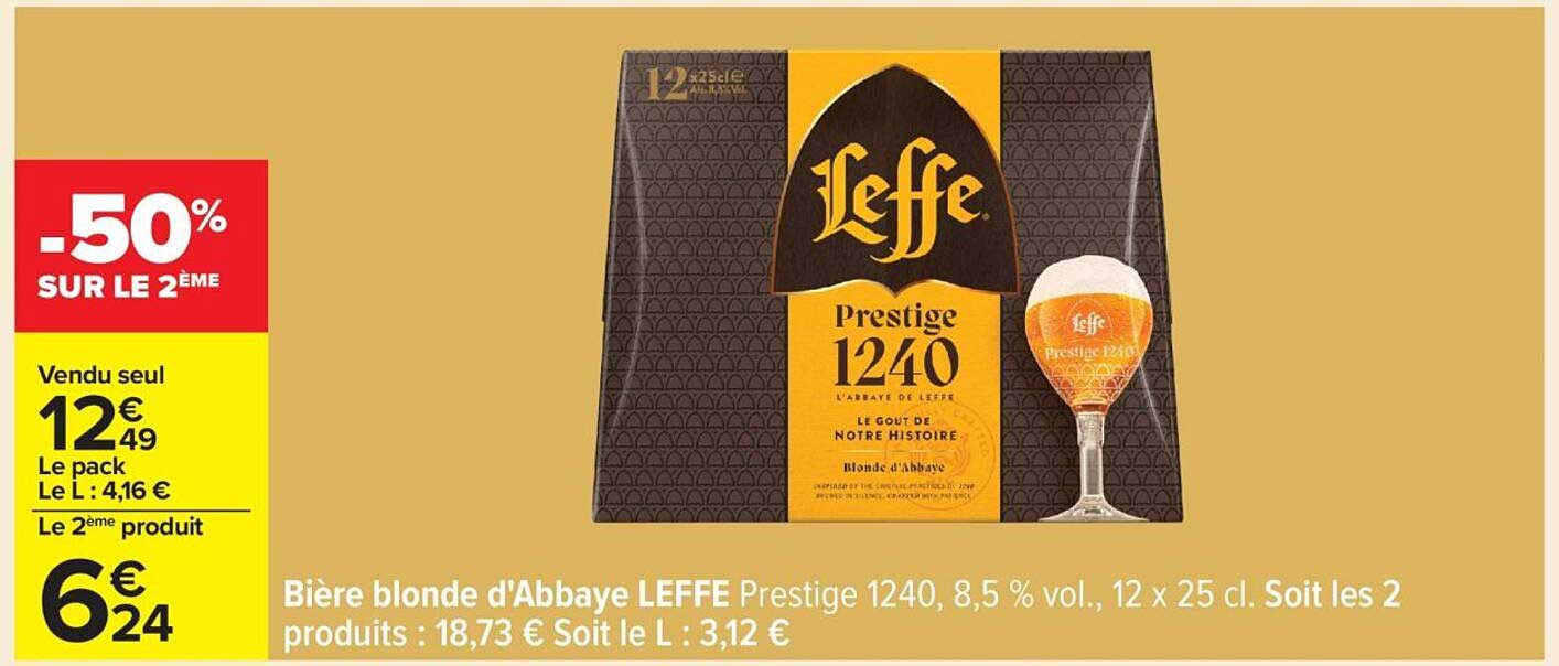Bière blonde d'Abbaye LEFFE Prestige 1240, 8,5 % vol., 12 x 25 cl. Soit les 2