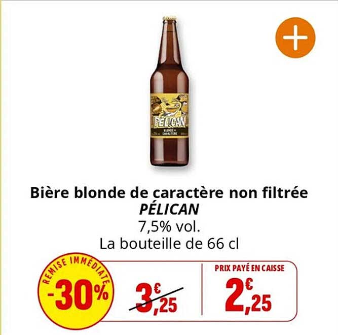 Bière blonde de caractère non filtrée PÉLICAN 7,5% vol. La bouteille de 66 cl