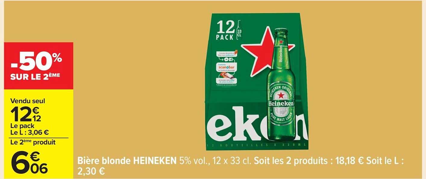Bière blonde HEINEKEN 5% vol., 12 x 33 cl