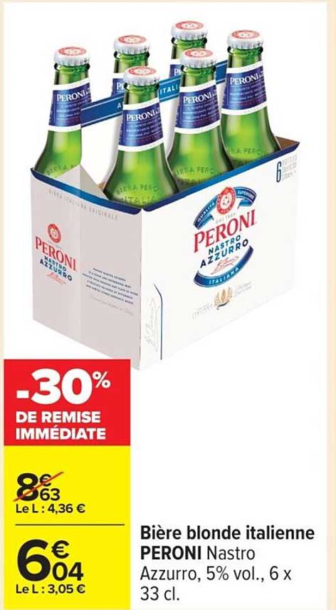 Bière blonde italienne PERONI Nastro Azzurro, 5% vol., 6 x 33 cl.