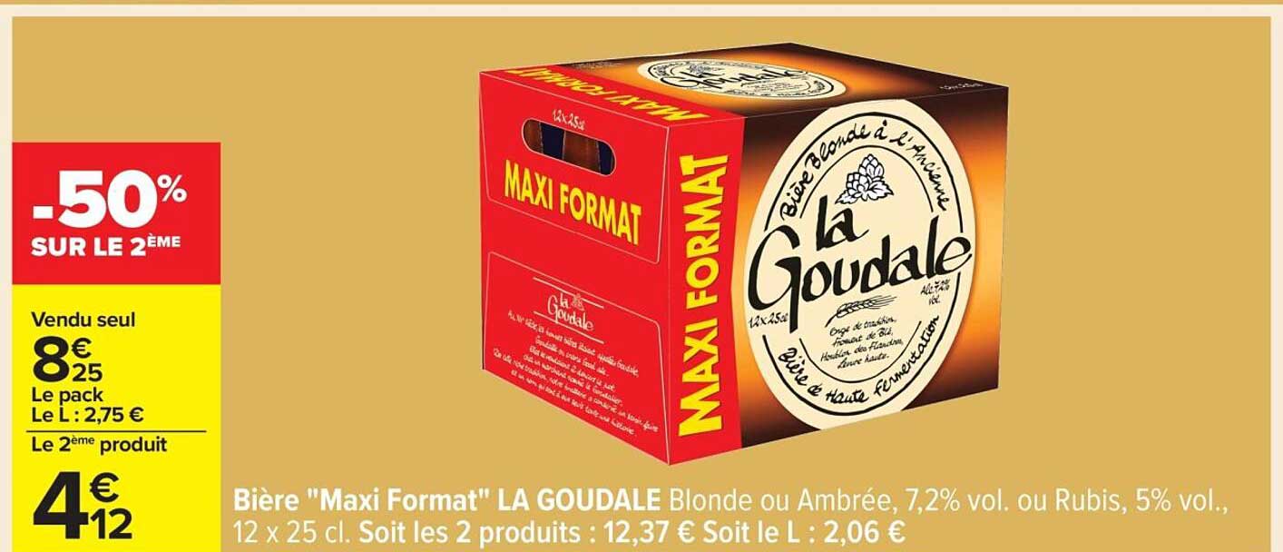 Bière "Maxi Format" LA GOUDALE Blonde ou Ambrée, 7,2% vol. ou Rubis, 5% vol., 12 x 25 cl.