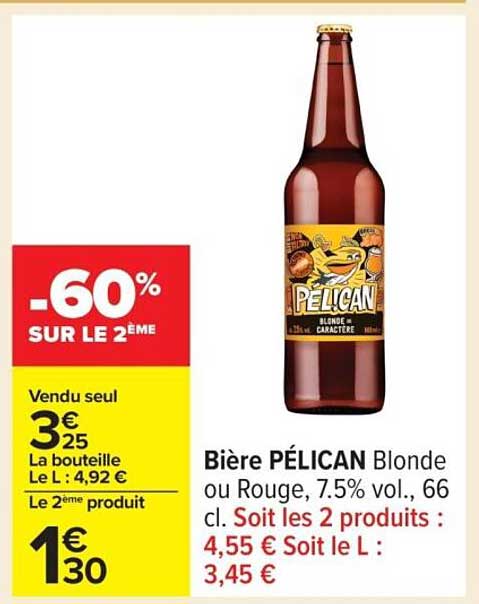 Bière PÉLICAN Blonde ou Rouge, 7.5% vol., 66 cl.