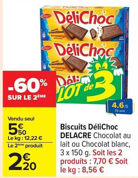 Biscuits Délichoc DELACRE Chocolat au lait ou Chocolat blanc