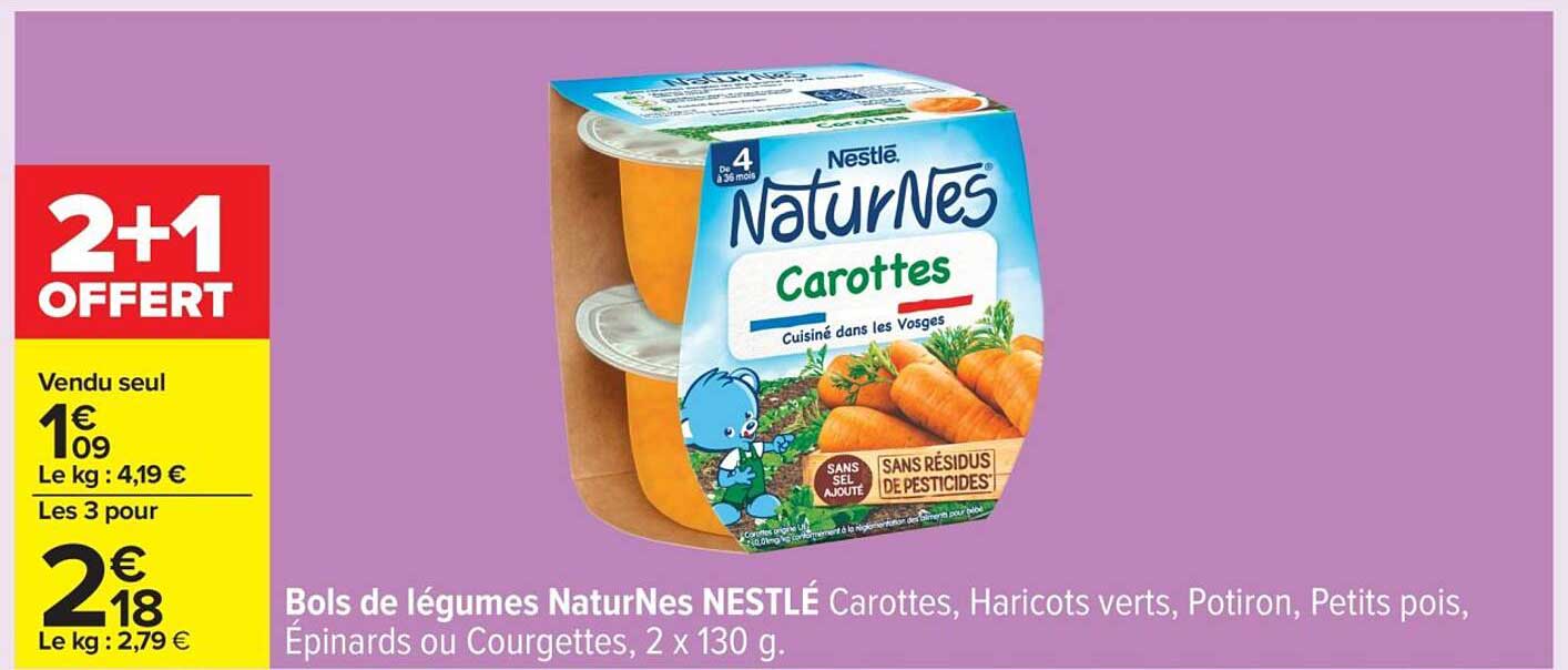 Bols de légumes NaturNes NESTLÉ Carottes, Haricots verts, Potiron, Petits pois, Épinards ou Courgettes, 2 x 130 g.