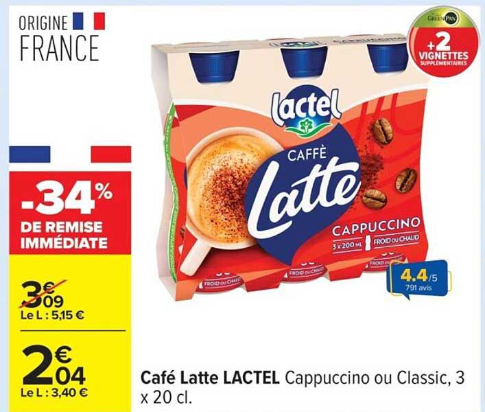 Café Latte LACTEL Cappuccino ou Classic, 3 x 20 cl.