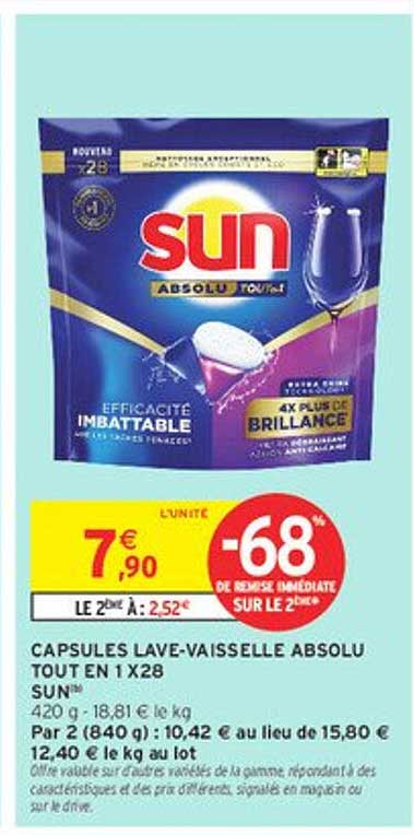 CAPSULES LAVE-VAISSELLE ABSOLU TOUT EN 1 X28 SUN