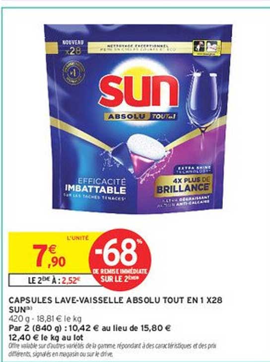 CAPSULES LAVE-VAISSELLE ABSOLU TOUT EN 1 X28 SUN