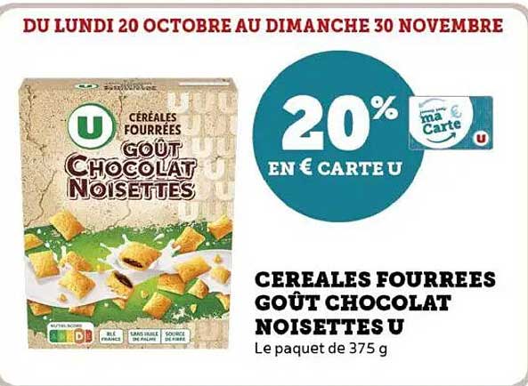 Céréales fourrées goût chocolat noisettes U