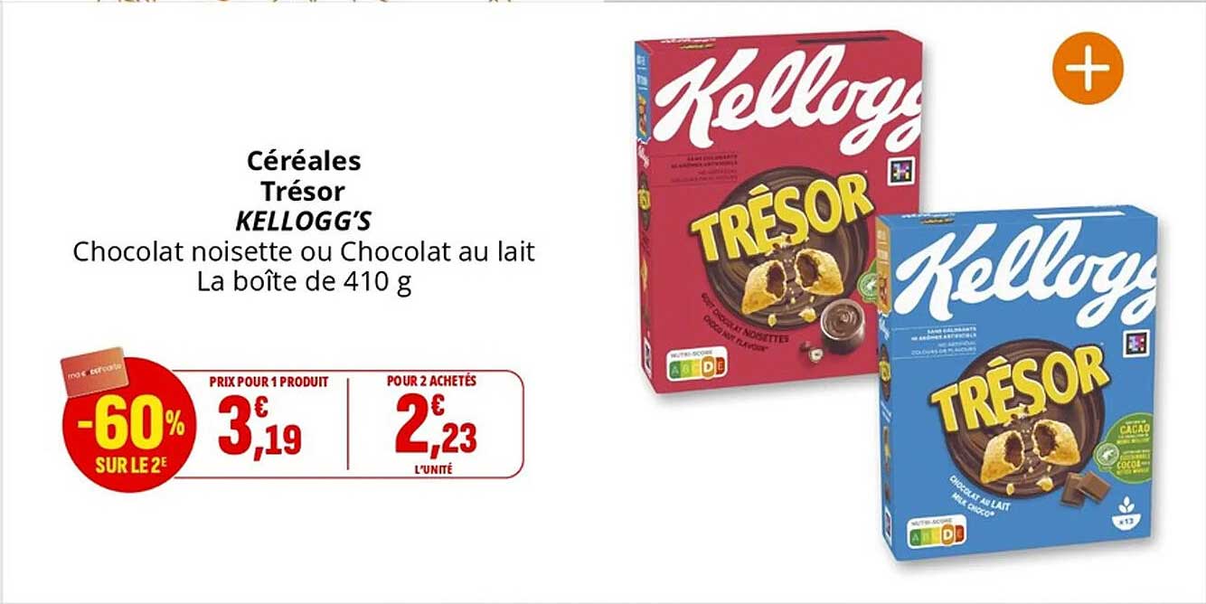 Céréales Trésor KELLOGG'S Chocolat noisette ou Chocolat au lait La boîte de 410 g