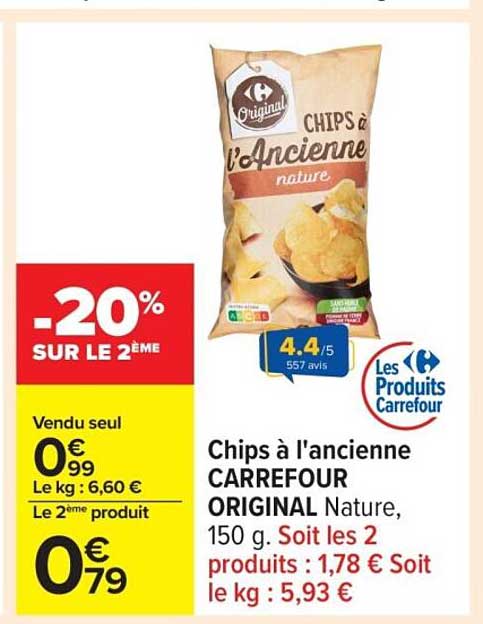 Chips à l'ancienne CARREFOUR ORIGINAL Nature, 150 g