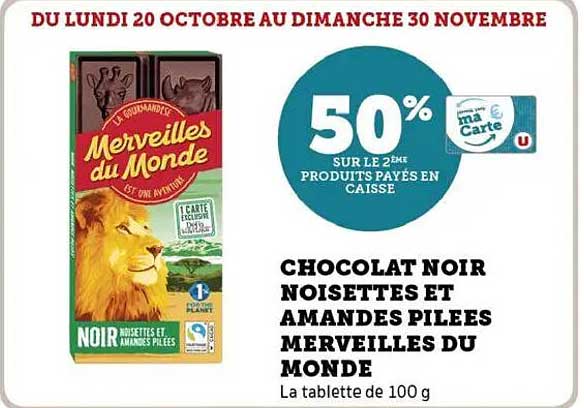 CHOCOLAT NOIR NOISETTES ET AMANDES PILÉES MERVEILLES DU MONDE