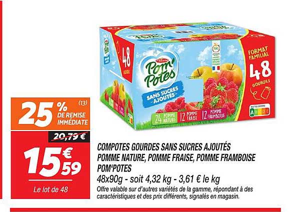 COMPOTES GOURDES SANS SUCRES AJOUTÉS POMME NATURE, POMME FRAISE, POMME FRAMBOISE POM'POTES
