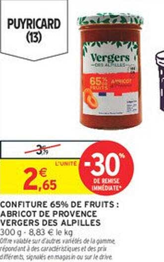 CONFITURE 65% DE FRUITS : ABRICOT DE PROVENCE VERGERS DES ALPILLES