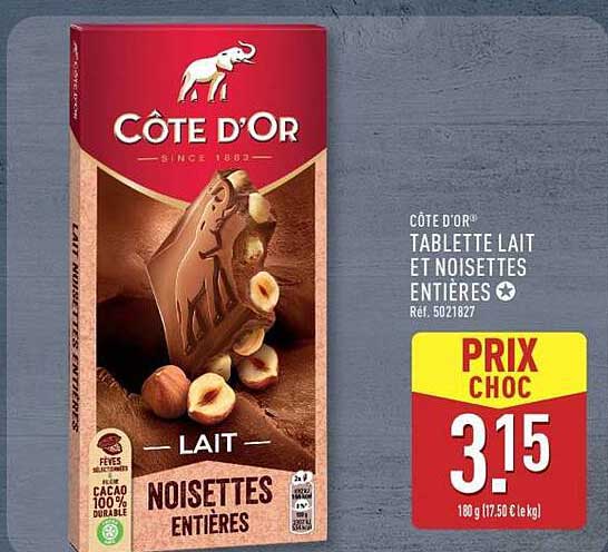 CÔTE D'OR® TABLETTE LAIT ET NOISETTES ENTIÈRES