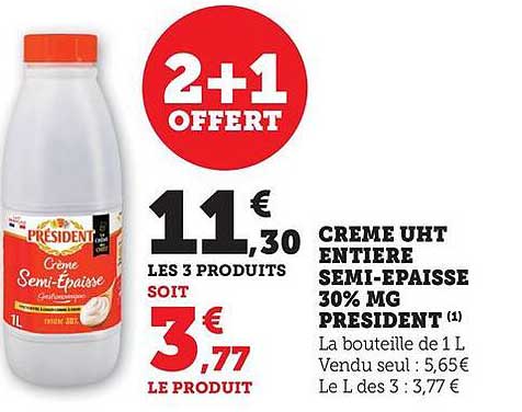 CREME UHT ENTIER SEMI-EPAISSE 30% MG PRESIDENT
