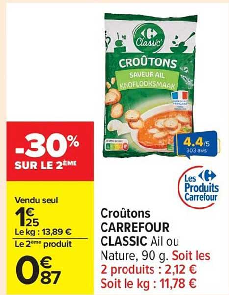 Croutons CARREFOUR CLASSIC Ail ou Nature, 90 g