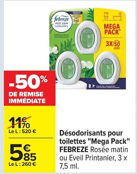 Désodorisants pour toilettes "Mega Pack" FEBREZE Rosée matin ou Eveil Printanier, 3 x 7,5 ml.