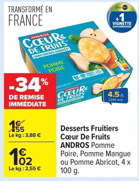 Desserts Fruitiers Coeur De Fruits ANDROS Pomme Poire, Pomme Mangue ou Pomme Abricot 4 x 100 g
