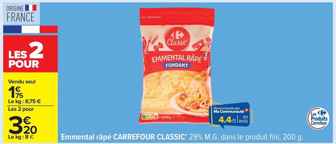 Emmental râpé CARREFOUR CLASSIC' 200 g