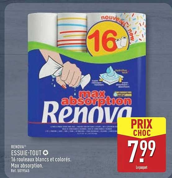ESSUIE-TOUT RENOVA - 16 rouleaux blancs et colorés. Max absorption.