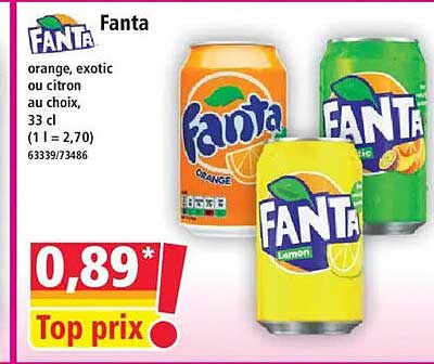 Fanta orange, exotic ou citron au choix, 33 cl