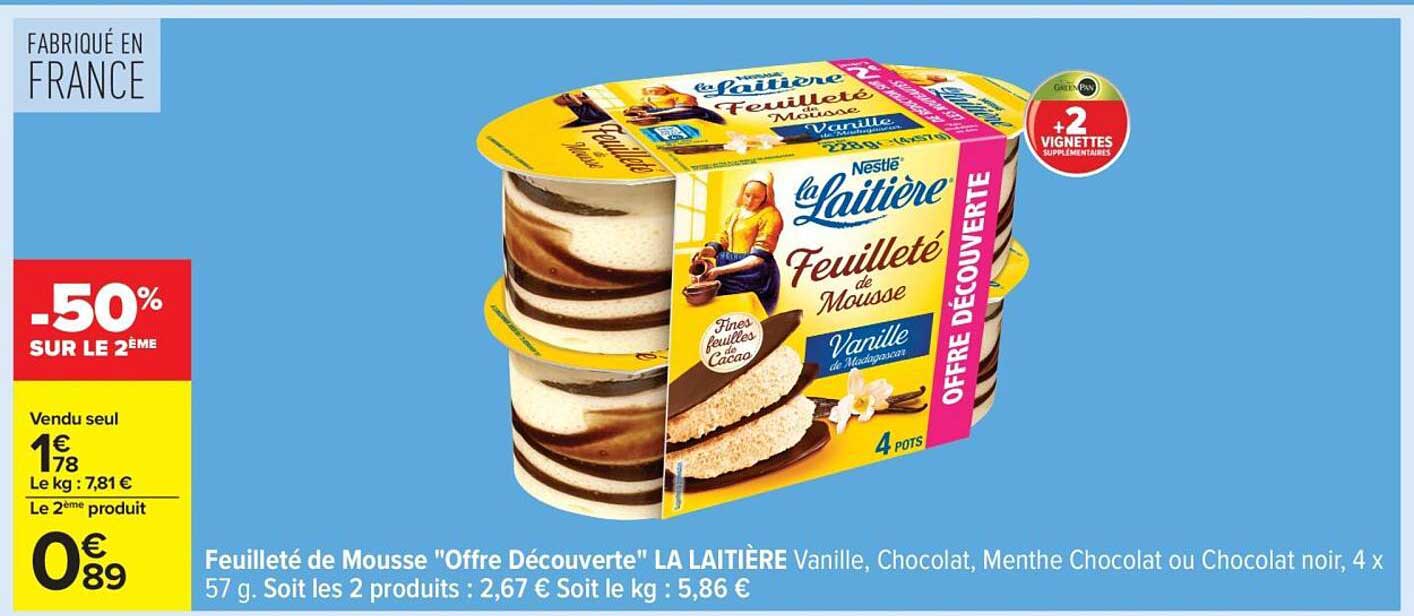Feuilleté de Mousse "Offre Découverte" LA LAITIÈRE Vanille, Chocolat, Menthe Chocolat ou Chocolat noir, 4 x 57 g