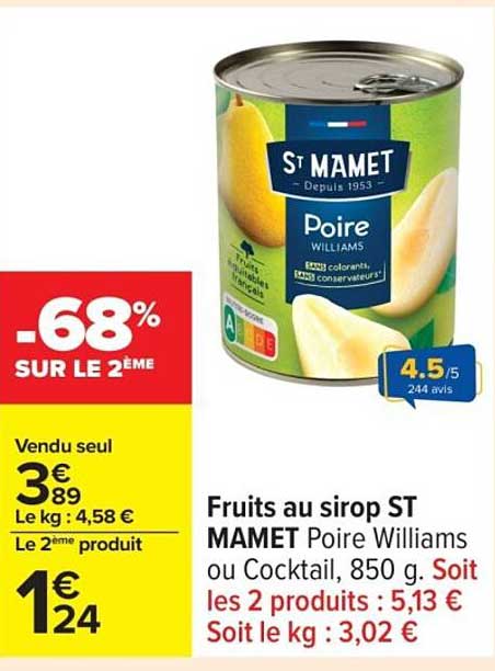 Fruits au sirop ST MAMET Poire Williams ou Cocktail, 850 g