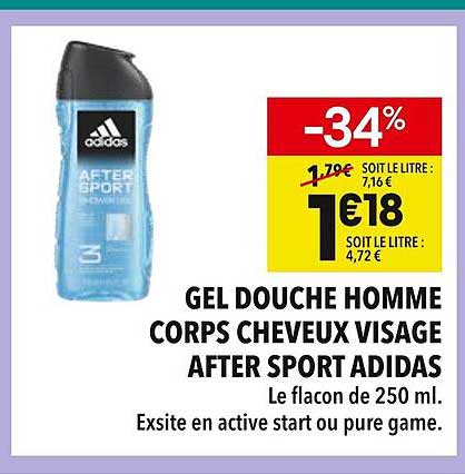 GEL DOUCHE HOMME CORPS CHEVEUX VISAGE AFTER SPORT ADIDAS