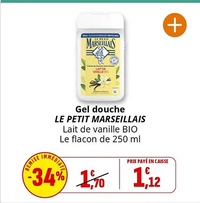 Gel douche LE PETIT MARSEILLAIS Lait de vanille BIO Le flacon de 250 ml