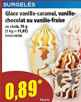 Glace vanille-caramel, vanille-chocolat ou vanille-fraise