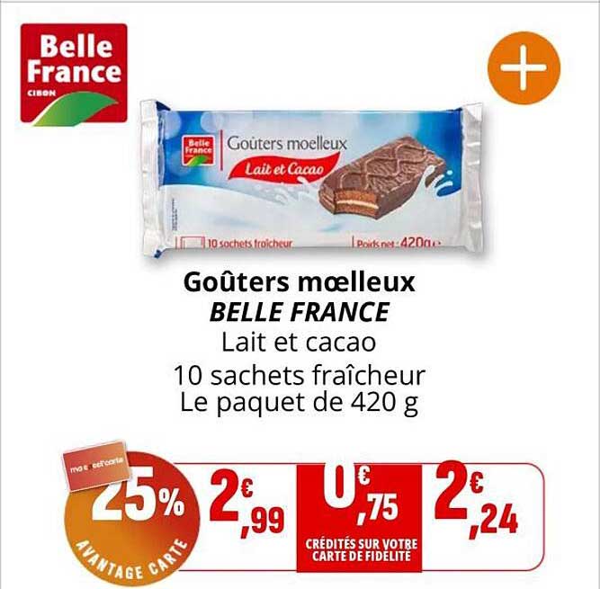 Goûters moelleux BELLE FRANCE Lait et cacao 10 sachets fraîcheur Le paquet de 420 g