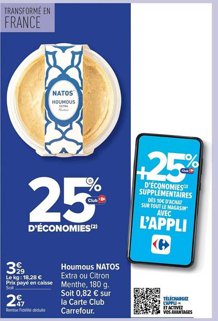 Houmous NATOS Extra ou Citron Menthe, 180 g