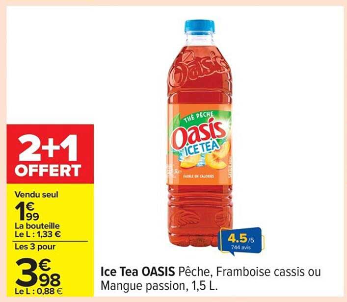 Ice Tea OASIS Pêche, Framboise cassis ou Mangue passion, 1,5 L