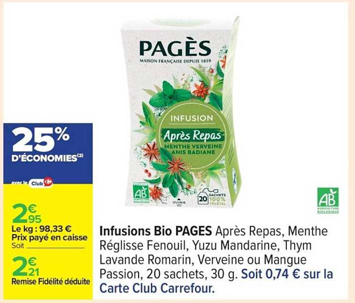 Infusions Bio PAGES Après Repas, Menthe Verveine, Anis Badiane