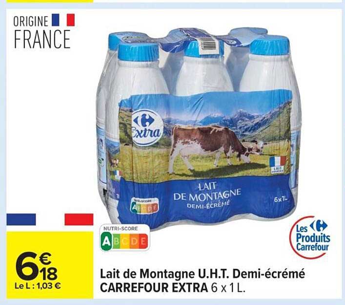 Lait de Montagne U.H.T. Demi-écrémé CARREFOUR EXTRA 6 x 1 L.