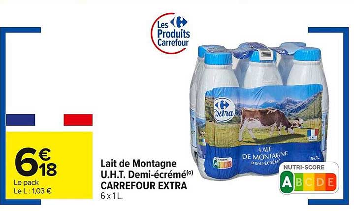 Lait de Montagne U.H.T. Demi-écrémé Carrefour Extra 6 x 1 L
