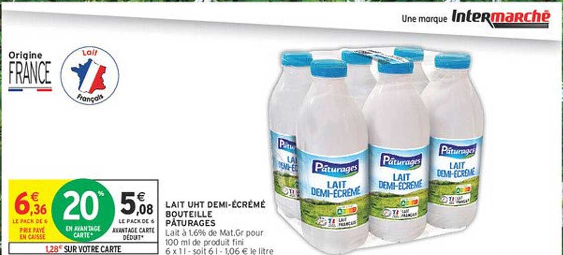 LAIT UHT DEMI-ÉCRÉMÉ BOUTEILLE PÂTURAGES