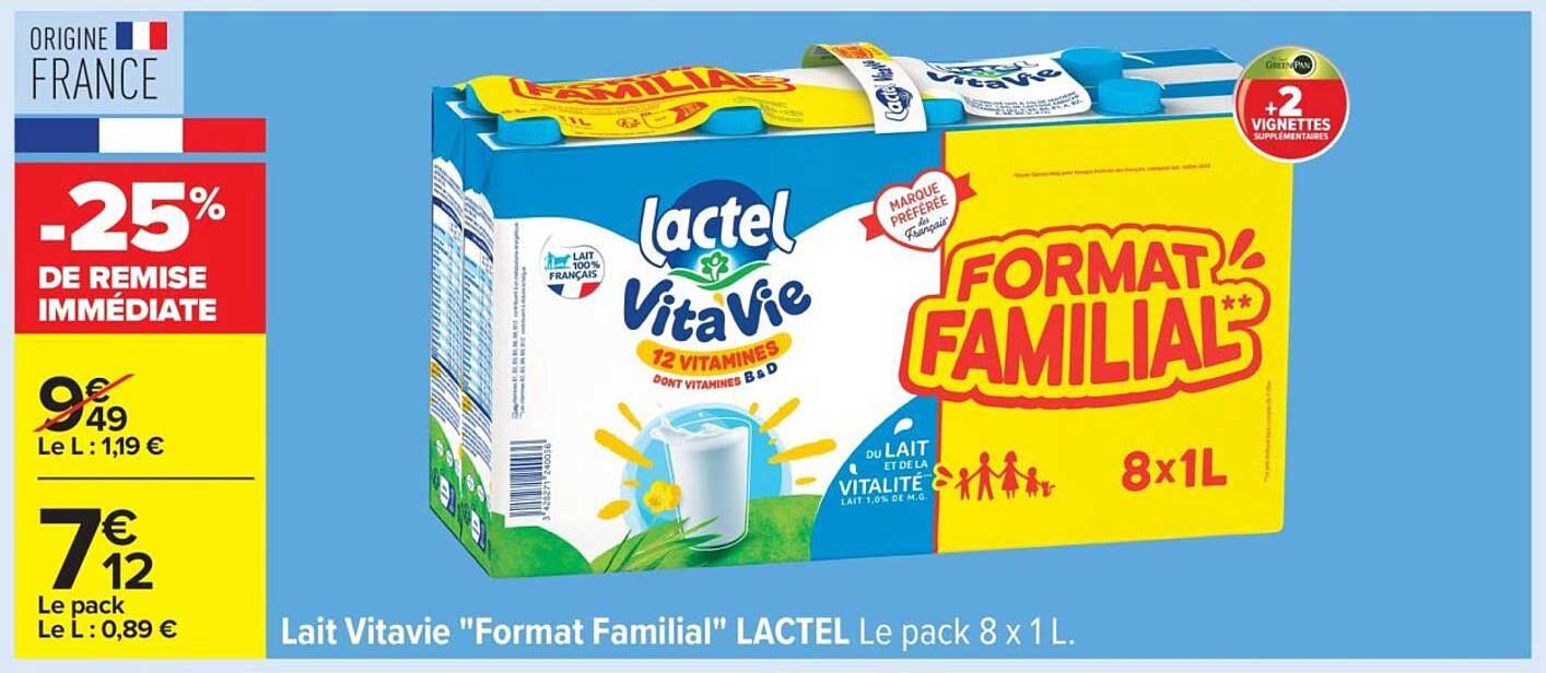 Lait Vitavie "Format Familial" LACTEL Le pack 8 x 1L