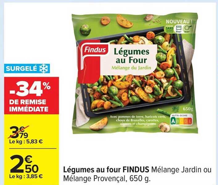 Légumes au four FINDUS Mélange Jardin ou Mélange Provençal, 650 g.