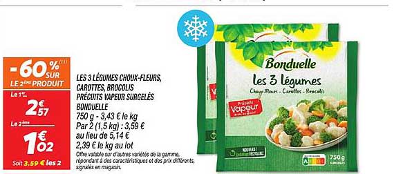 LES 3 LÉGUMES CHOUX-FLEURS, CAROTTES, BROCOLIS PRÉCUITS VAPEUR SURGELÉS BONDUELLE