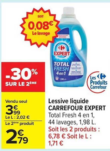 Lessive liquide CARREFOUR EXPERT Total Fresh 4 en 1, 44 lavages, 1,98 L