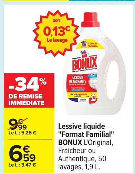 Lessive liquide "Format Familial" BONUX L'Original, Fraicheur ou Authentique, 50 lavages, 1,9 L
