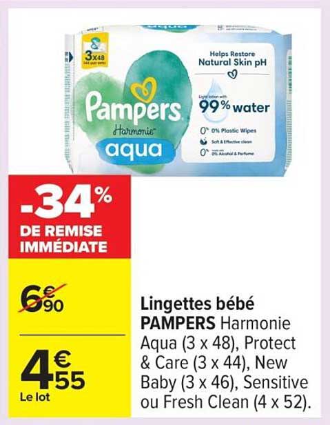 Lingettes bébé PAMPERS Harmonie Aqua (3 x 48), Protect & Care (3 x 44), New Baby (3 x 46), Sensitive ou Fresh Clean (4 x 52)