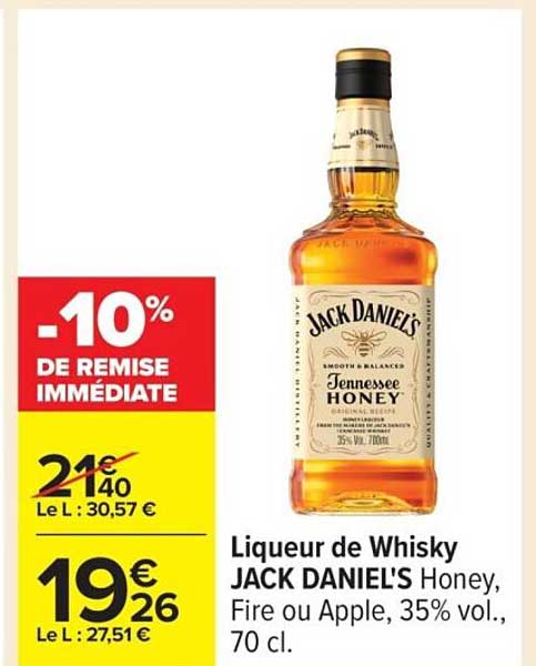Liqueur de Whisky JACK DANIEL'S Honey, Fire ou Apple, 35% vol., 70 cl.