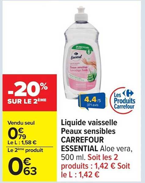 Liquide vaisselle Peaux sensibles CARREFOUR ESSENTIAL Aloe vera, 500 ml