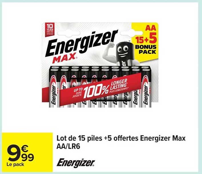 Lot de 15 piles +5 offertes Energizer Max AA/LR6