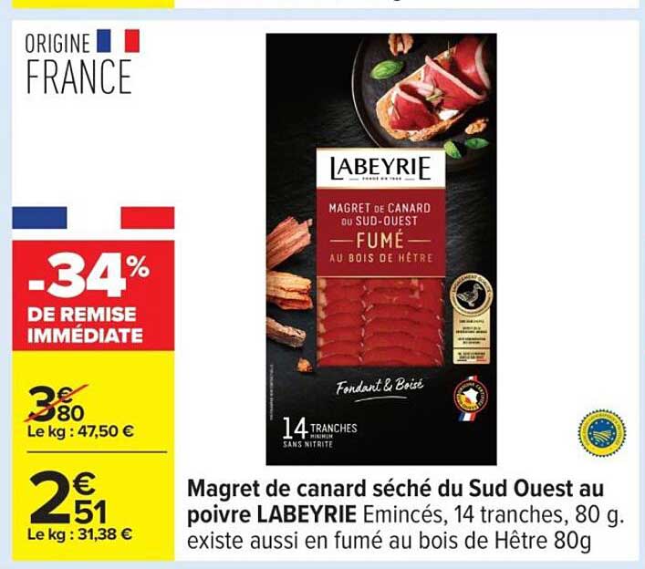 Magret de canard séché du Sud Ouest au poivre LABEYRIE Émincés, 14 tranches, 80 g.