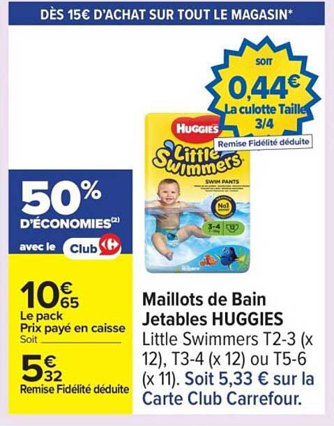 Maillots de Bain Jetables HUGGIES Little Swimmers T2-3 (x 12), T3-4 (x 12) ou T5-6 (x 11)