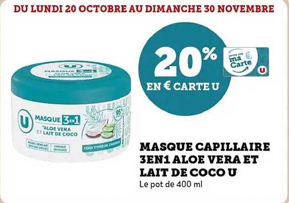 MASQUE CAPILLAIRE 3EN1 ALOE VERA ET LAIT DE COCO U